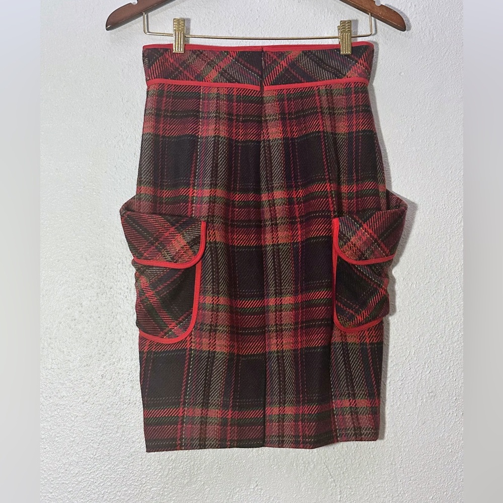 PLENTY by Tracy Reese Anthropologie Wool Midi Skirt Red Black Plaid Pockets SZ 2 - Picture 14 of 16
